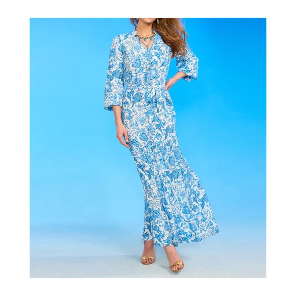 Bohemian Relaxed Feminine Nicoblu Waverly Maxi Dress in Porcelain Florals P8 NWT